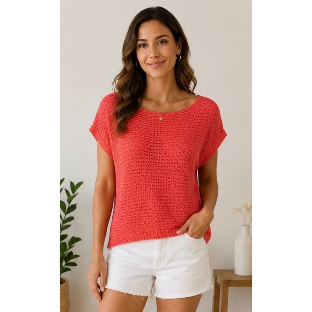 Lascana Coral Open Crochet Knit Short Sleeve Scoop Neck Sweater Top US 0/2 Small